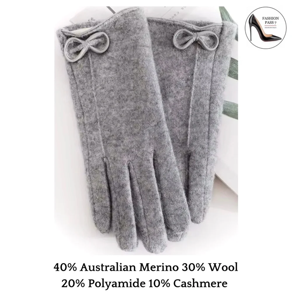 Luxury Cashmere Merino Wool Gloves Classic Grey Driving Winter mittens with bow